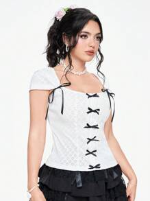 ROMWE Kawaii Áo thun nữ viền ren đáng yêu có nơ màu khối trang trí Slim Fit - trắng - Xem 5