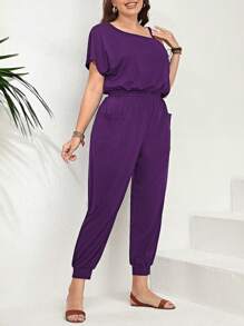 SHEIN LUNE Plus Asymmetrical Neck Slant Pocket Jumpsuit - Purple - View 3