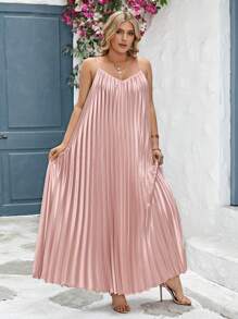 SHEIN Clasi Plus Solid Pleated Swing Cami Dress - Pink - View 4