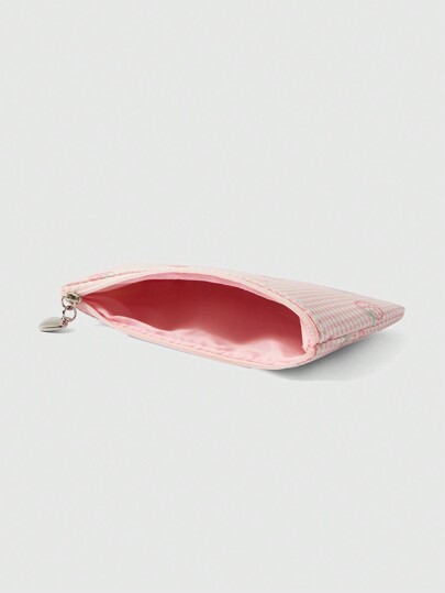 Kawaii Bolsa de cosméticos portátil de gran capacidad y grosor con estampado de fresa a cuadros rosas, modelo 327188, monedero de fresa elegante y lindo
