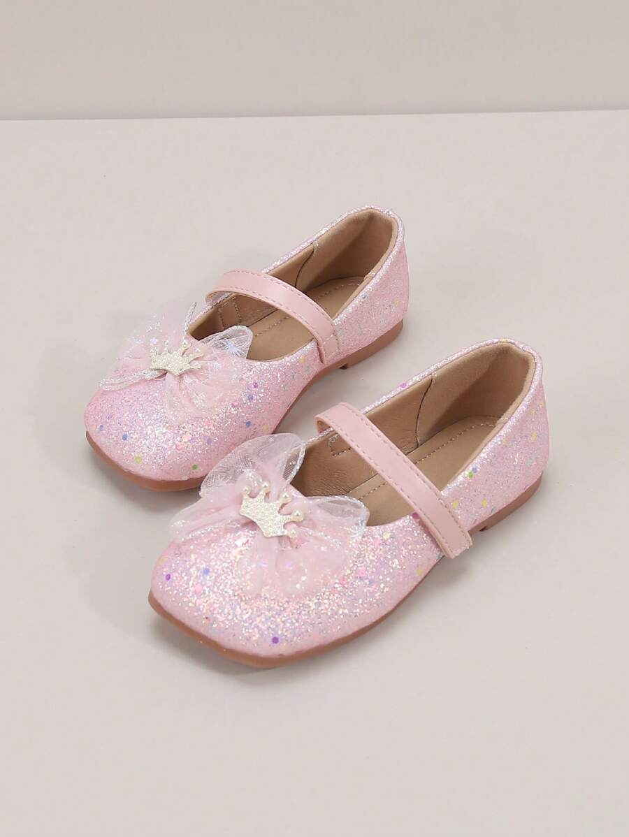 儿童时尚一推式钩环公主网眼闪光蝴蝶结休闲平底鞋 - 粉色 - 查看 1