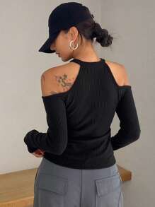 DAZY Cold Shoulder Ribbed Knit Tee Y2k Long Sleeve Women Tops - Black - View 5