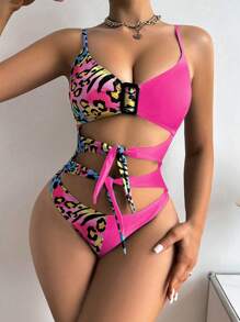 SHEIN Swim 豹纹与斑马条纹镂空前结连体泳衣夏季 - 彩色 - 查看 1