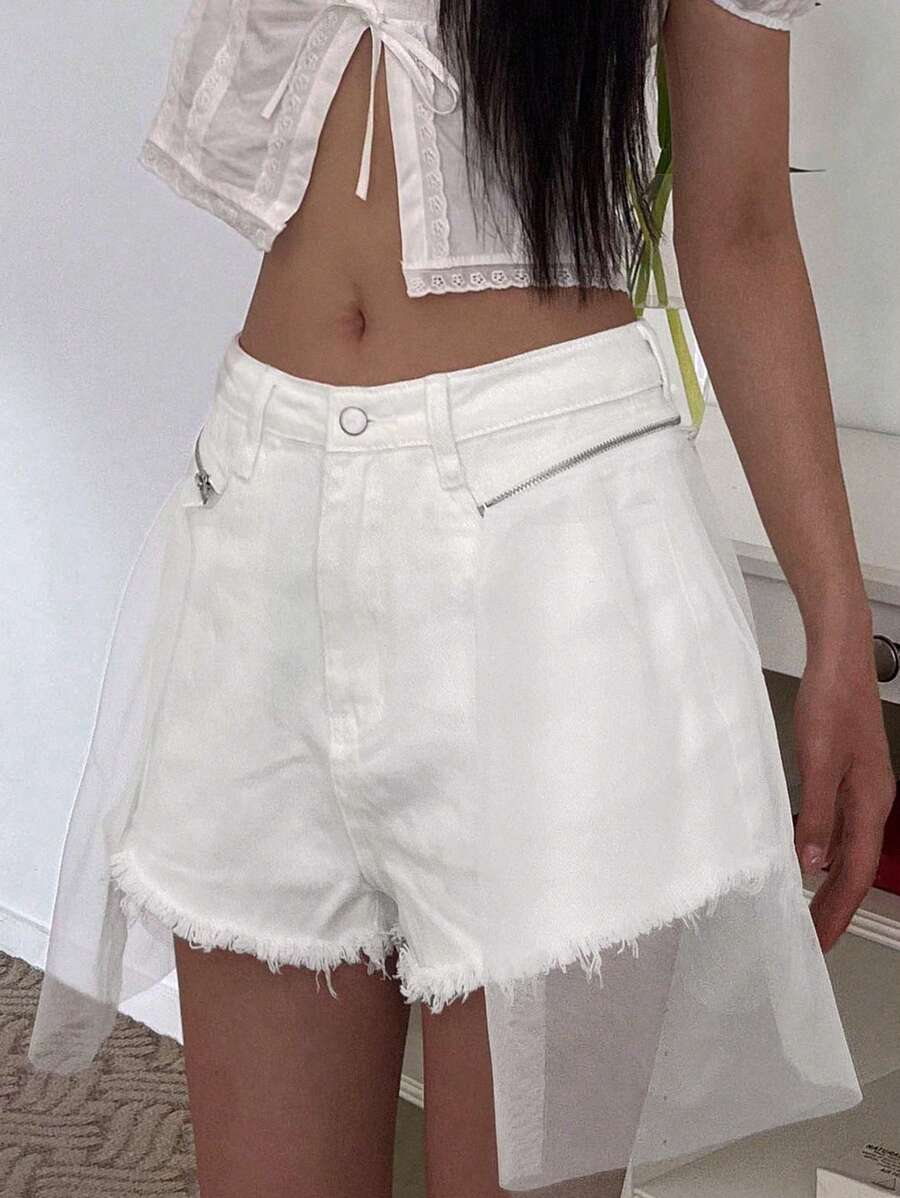 DAZY Ladies' Mesh Edge Casual Summer Shorts Jeans Skirt - White - View 1