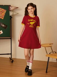 HARRY POTTER X SHEIN Vestido Casual Vermelho de Manga Curta com Gola Contrastante com Letra e Estampa de Leão para Garotas Adolescentes