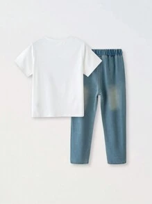SHEIN 2入組男孩休閒簡約英文字印花圓領T恤和牛仔褲套裝，適合旅行，適用於春/夏/秋季 - 白色 - 查看 2