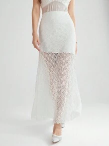 Enchnt Summer Holiday Romantic White Elegant Plain Color High Waist Lace Long Withe Skirt - White - View 3