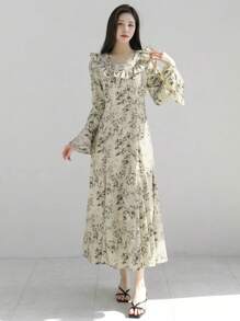DAZY Floral Print Ruffle Trim Flounce Sleeve Longline Dress,Fall Dress Long Sleeve Dress - Apricot - View 4