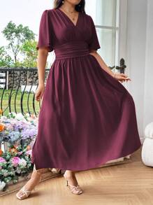 EMERY ROSE Plus váy dài xếp ly cổ tròn cho trang phục mùa hè dành cho phụ nữ - Màu Tím - Xem 4