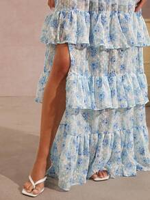 L'Amorae Floral Tiered Ruffle Tie Split Hem Maxi Dress
