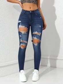 Flexra Ripped Cut Out Skinny Jeans - Dark Wash - View 1