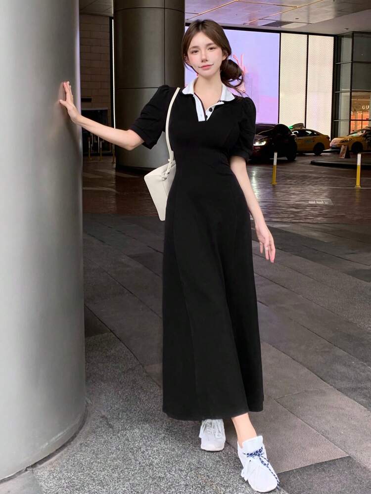Women's Casual Colorblock Collar Puff Sleeve Long Dress, Back To School Season Sundress Shirt Dress