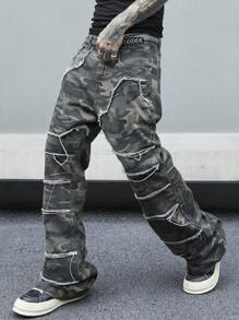 Manfinity Roghcode 男士迷彩印花原邊修剪直筒牛仔褲 - 軍綠色 - 查看 6