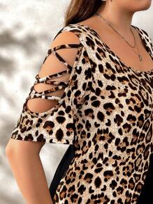 SHEIN Clasi Đầm cỡ lớn màu đen chắp vá họa tiết da báo, trang phục hàng ngày thanh lịch - Nhiều màu - Xem 2