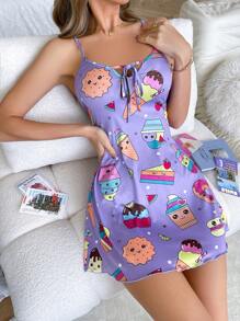 Camisón de pijama con gráficos de dibujos animados y lazo frontal