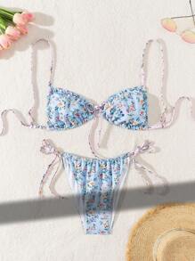 SHEIN Swim Ditsy Floral Print Tie Side Bikini Set Summer - Multicolor - View 4
