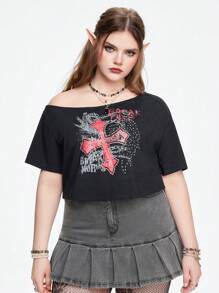 ROMWE J-Fashion Plus Skull & Letter Graphic Asymmetrical Neck Tee - Black - View 3