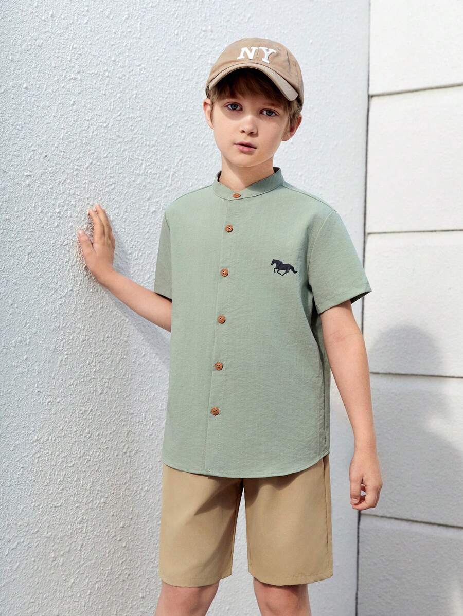 SHEIN Leap Crew Cậu bé Tween In Động vật Áo sơ mi & Quần short - Nhiều màu - Xem 1
