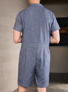 Manfinity Homme Men Flap Pocket Button Front Romper Summer Holiday Casual Long Linen Pants - Dark Grey - View 2