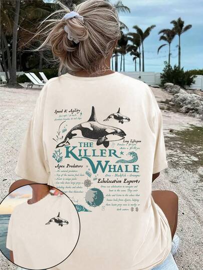 INAWLY Camiseta gráfica de corte holgado con estampado de ballena de vida marina, camiseta de verano de cuello redondo CON LA BALLENA ASESINA, camisetas gráficas para mujer