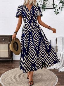 Breezaya Women's V-Neck Asymmetric Printed Tie-Dye Slit Short Sleeve Holiday Dress With Ruffled Sleeves