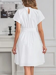 SHEIN Clasi Women's Summer White Elegant Sleeveless High Neck Tie Waist Short Romper Dress,Business Casual Teacher Outfits & Tea Party Clothes - White - View 2