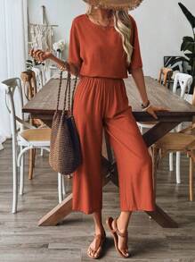 EMERY ROSE Women's Summer Solid Color Loose Fit Linen-Like Round Neck Shirt And Wide Leg Pants Casual 2pcs Outfit