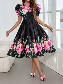 SHEIN Clasi Floral Print Gigot Sleeve Dress - Black - View 3