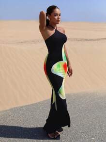 SHEIN BAE Floral Print Halter Neck Backless Mermaid Hem Longline Dress - Black - View 5