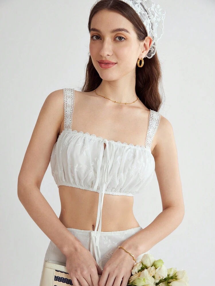 Tie Front Contrast Lace Wide Strap Top
