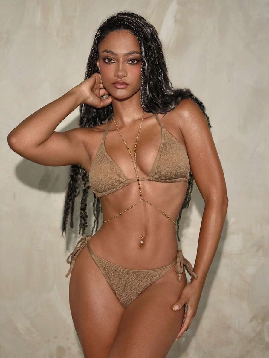 SHEIN Swim 闪光三角系带侧比基尼套装（带身体链）夏季 - 卡其色 - 查看 1