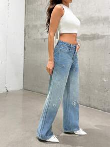 Denimoi 刺繡數字寬腿牛仔褲 - 淺色水洗藍 - 查看 2