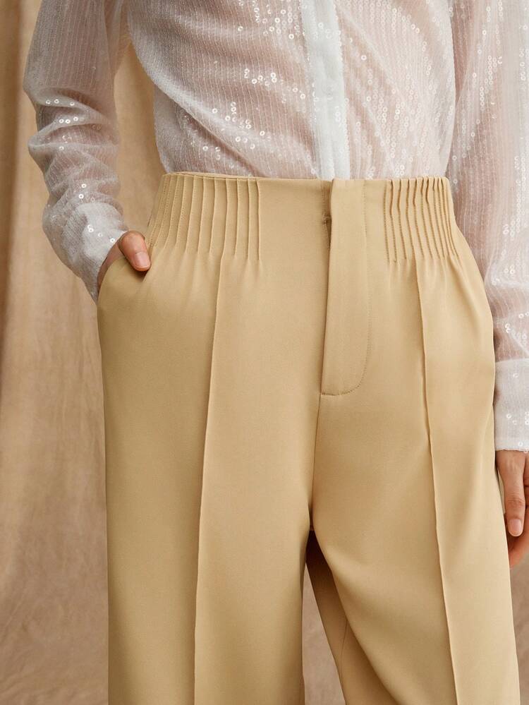High Waist Ladies' Khaki Wide Leg Woven Pants For Career And Workplace