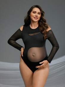 SHEIN Maternity Photoshoot Cold Shoulder Mesh Bodysuit - Black - View 2