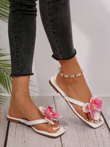 2025 新款花卉沙滩凉鞋，女士舒适平底拖鞋，假日风格休闲大码女士拖鞋 - 白色 - 查看 6