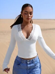 SHEIN BAE Women's Fitted V-Neck Contrast Lace Solid White Long Sleeve Blouse Casual Top - White - View 3