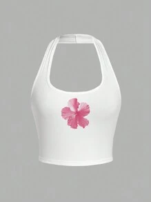 SHEIN EZwear Women's Pink Floral Print White Casual Fitted Sleeveless Top, Suitable For Summer Tank Top - White - View 3