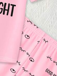 Bộ Pajama vừa vặn vừa vặn cho trẻ em, áo thun ngắn tay in họa tiết mắt và quần short mặc ở nhà của Tween Girls, thích hợp cho mùa xuân và mùa hè, đồ ngủ - Hồng - Xem 4