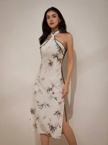 Chiquease Đầm cổ dây in hình tre thanh lịch với chi tiết kiểu Trung Quốc - Nhiều màu - Xem 1