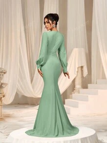 Faeriesty Elegant Cross-Over V-Neck Lantern Sleeve Mermaid Hem Dress - Sophisticated Timeless Design For Spring/Summer Weddings, Galas, Red Carpet Bridesmaid Dress