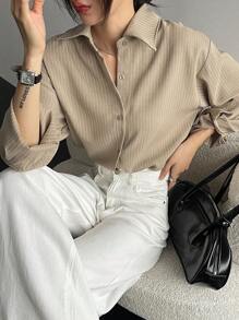 DAZY Striped Print Drop Shoulder Blouse,Fall Clothes Preppy Tops Long Sleeve Top - Khaki - View 3