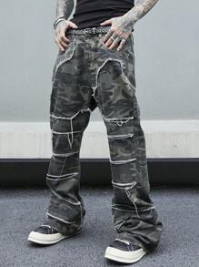 Manfinity Roghcode 男士迷彩印花原邊修剪直筒牛仔褲 - 軍綠色 - 查看 1