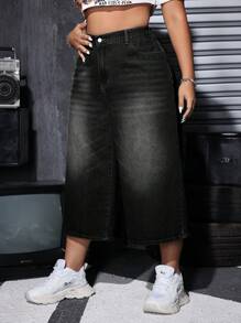 SHEIN ICON 高腰寬腿七分牛仔褲 - 黑色 - 查看 3