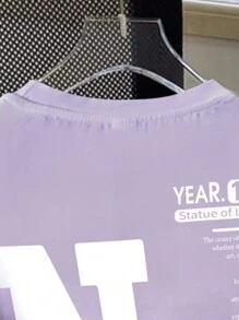 SHEIN 青少年女孩休闲简约英文图案宽松针织紫色 T 恤适合夏季返校 - 紫色 - 查看 3