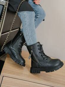 兒童款靴子，系帶拉鍊軍靴 - 黑色 - 查看 3