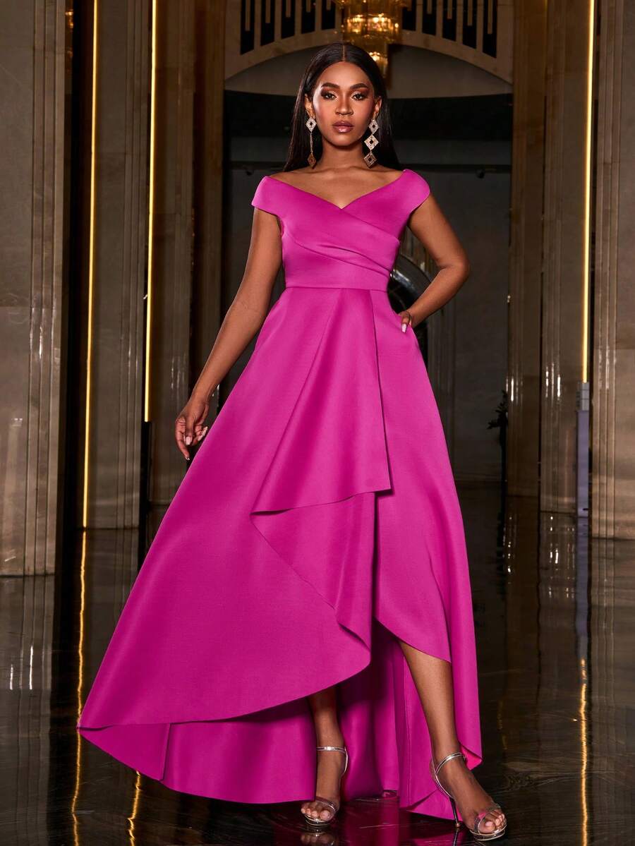 Faeriesty 不对称露肩正式舞会礼服，优雅晚宴婚礼宾客礼服，毕业典礼，鸡尾酒会礼服（春季款） - 玫紅色 - 查看 1