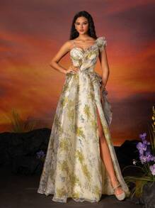 VIPGIRL Printed Mesh Ruffle-Edge Women's Evening Dress Long Dress - Yellow - View 4