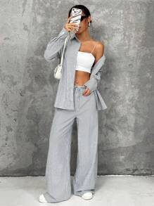 SHEIN EZwear 女式长袖条纹衬衫和裤子两件套 - 藍白色 - 查看 8