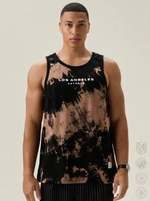Manfinity RebelGame T-shirt senza maniche, con motivo tie-dye e stampa di lettere, girocollo, per tempo libero, abbigliamento per uscire e per il ritorno a scuola, regalo per il fidanzato, ritorno a scuola