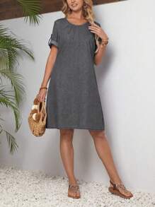 SHEIN LUNE Vestido vaquero informal para mujeres con mangas enrollables - Gris - Ver 6